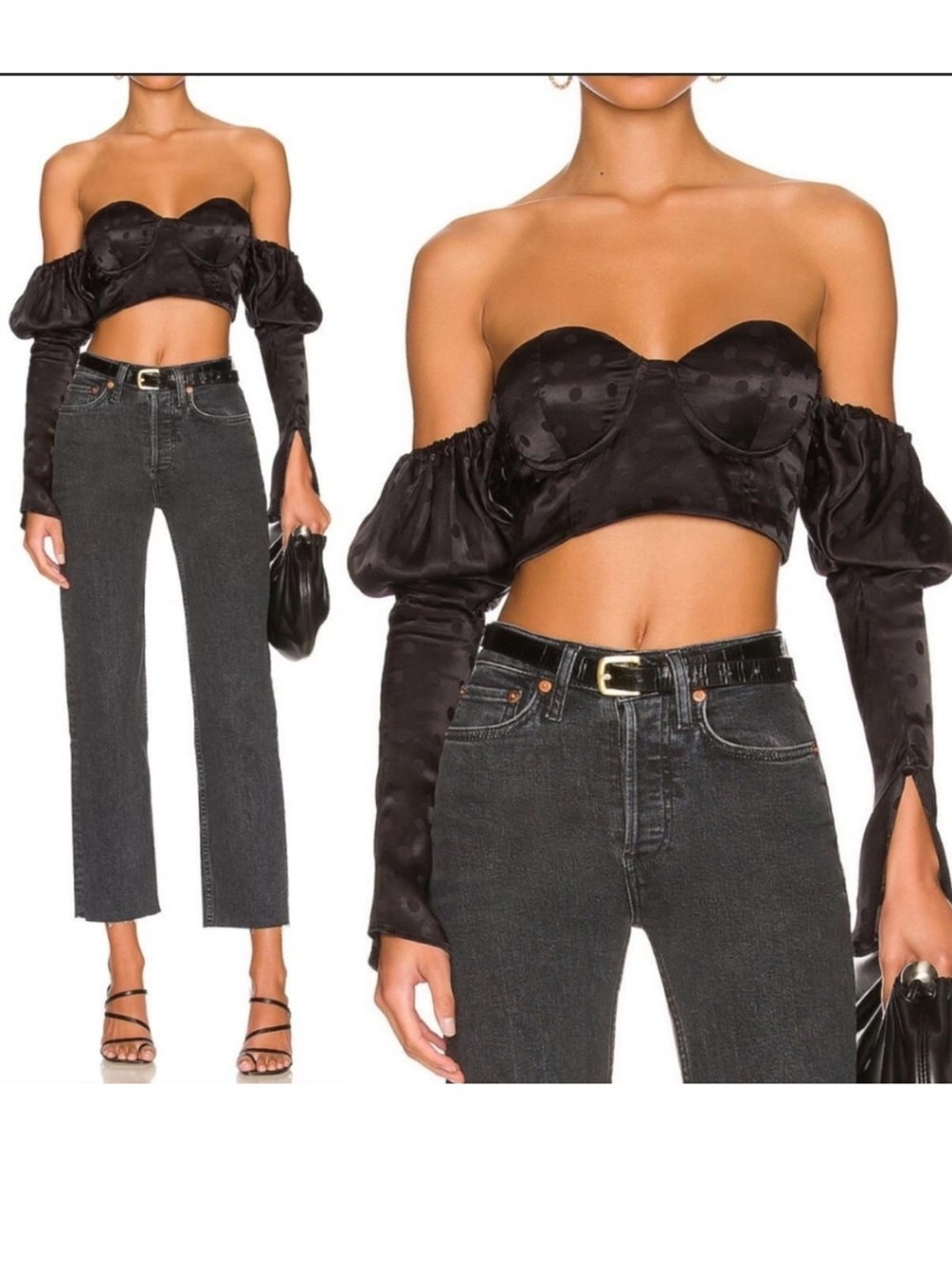 REVOLVE X MAJORELLE Black Puff Sleeve satin Crop Top - Women's xs
